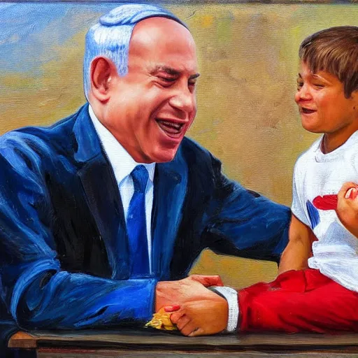 Prompt: Benjamin Netanyahu grinning while armwrestling a small child, oil painting