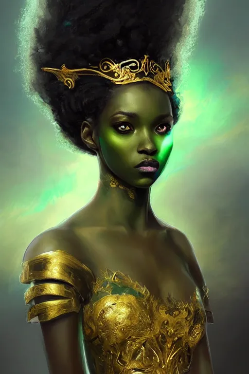 Image similar to portrait of a black princess warrior , fantasy, gradient black green gold, dreamy and ethereal, green eyes, golden ratio, peaceful expression, ornate frilly dress, fantasy, intricate, elegant, rainbow splash of ink, highly detailed, digital painting, artstation, concept art, smooth,b sharp focus, illustration, art by artgerm and greg rutkowski and alphonse mucha