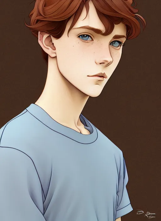 Prompt: art nouveau portrait of a teen boy with completely straight auburn hair, light blue eyes, pale skin, freckles, sad expression, t - shirt, modern casual clothing, natural lighting, path traced, highly detailed, high quality, cartoon, digital painting, by don bluth and ross tran and studio ghibli and alphonse mucha