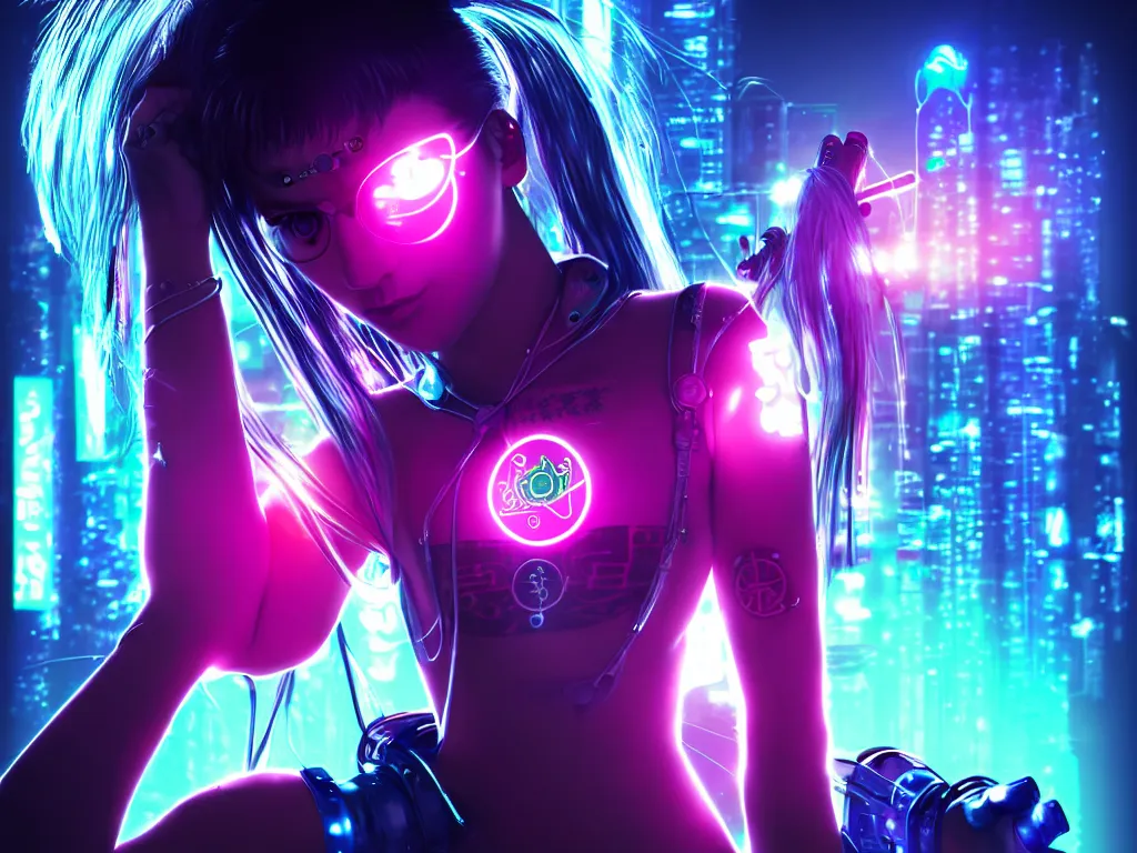 Prompt: a portrait of the neon cyberpunk sailor moon with arm tattoos, single person, dystopian scifi gear, gloomy, profile picture,