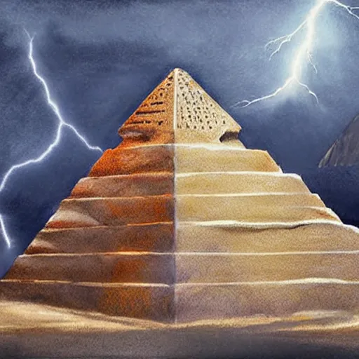 Image similar to Zues guarding the pyramid of Cheops, dessert, ancient world, realistic, god, dramatic lightning, very detailed, concept art,