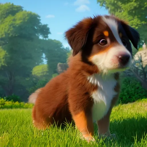 Image similar to a wholesome animation key shot of a brown australian shepherd puppy, studio ghibli, pixar and disney animation, sharp, rendered in unreal engine 5, anime key art by greg rutkowski, bloom, dramatic lighting