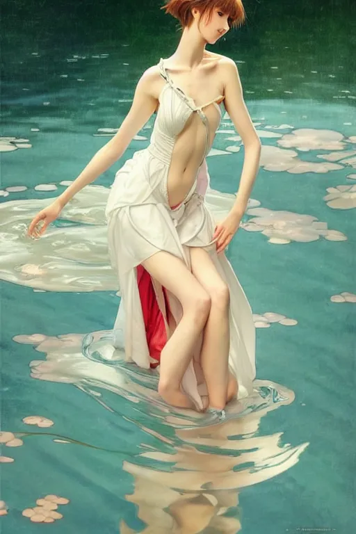 Prompt: a beautiful ayanami rei wearing a dress emerging from the water, oil on canvas, sensuality, artstation, by j. c. leyendecker and edmund blair leighton and charlie bowater, instagram photo