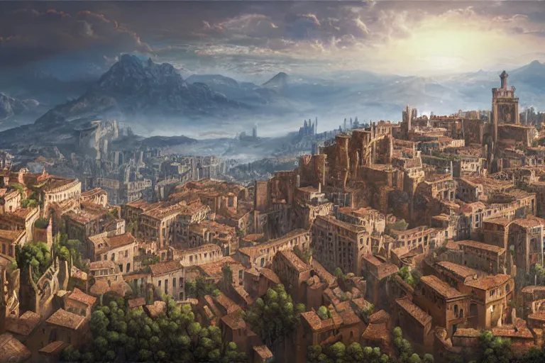 Prompt: an ultra detailed matte landscape painting of an italian renaissance capital city built on top of a large hill with many tall spirally towers, sweeping vista, italian renaissance architecture, ultrawide lens, aerial photography, 8 k, volumetric lighting, smooth, highly detailed, digital illustration, art by greg rutkowski and akira toriyama and artgerm