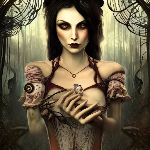 Image similar to realistic artnouveau style american mcgee's alice mysterious portrait madness returns layers of fear style in a foggy twisted forestsharp focus very detailed 8 k cinematic