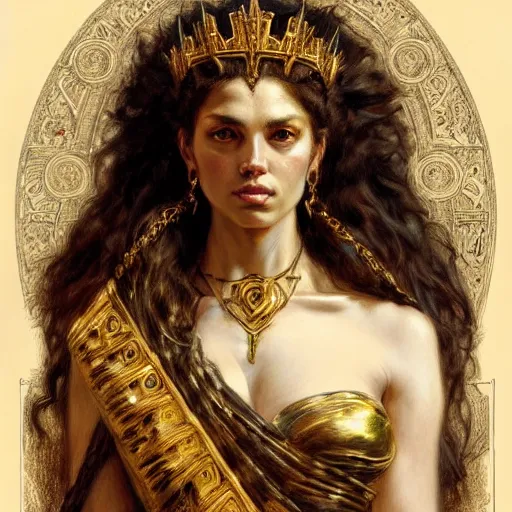 Image similar to highly detailed portrait of a majestic lioness queen in the form of a beautiful woman. d & d. art by eugene delacroix and donato giancola. trending on artstation, intricate details, energetic composition, golden ratio, concept art, illustration, elegant art, global illuminaition