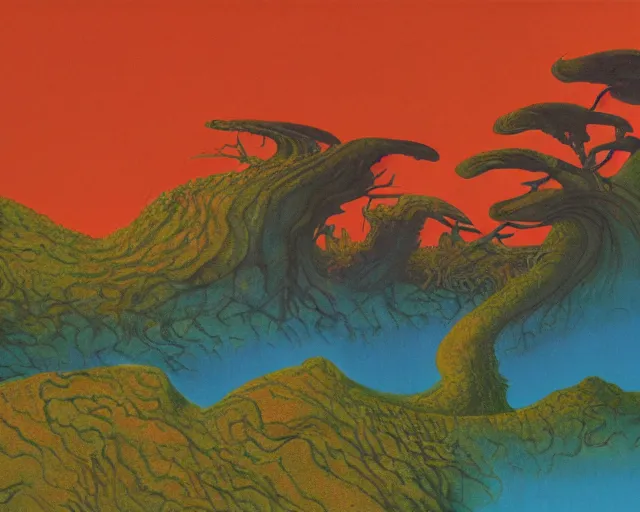 Image similar to roger dean 1 9 8 0 s fire lava volcano imagery, illustration art, album art