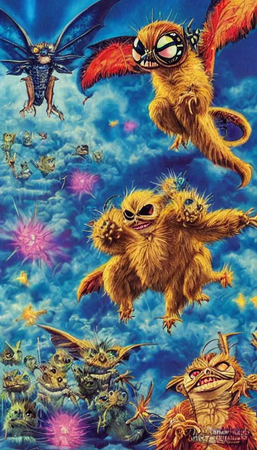 Prompt: gremlins vs mothra art by Noriyoshi Ohrai and Lisa Frank