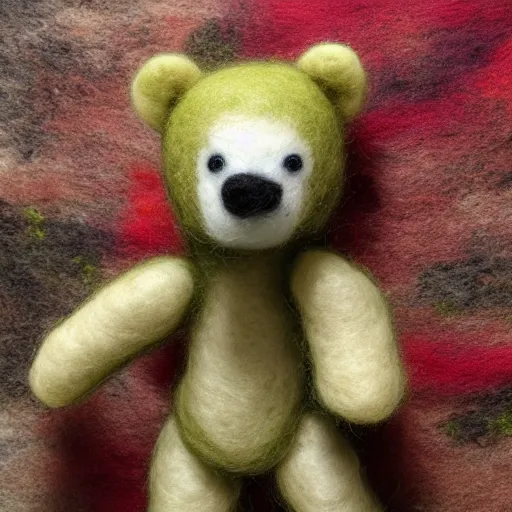 Prompt: a large, complex needle felting of on oncoming bear