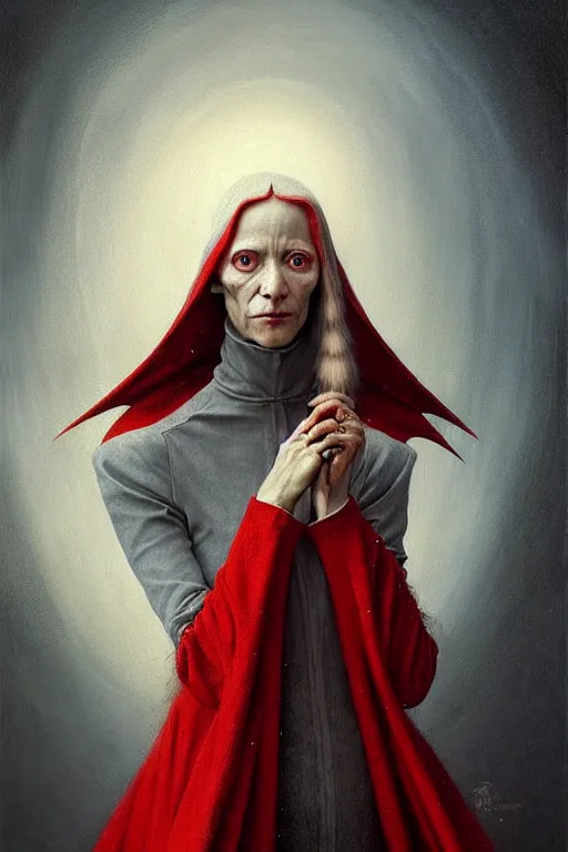 Image similar to hieronymus bosch, greg rutkowski, anna podedworna, painting of a beautiful vampire with red hair in a white woollen turtleneck dress