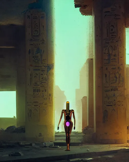 Image similar to android girl in egyptian ruins, ultra realistic, mysterious, cyborg body, atmosphere, glow, detailed, intricate, full of colour, cinematic lighting, trending on artstation, 4 k, focused, extreme details, cinematic, masterpiece, by ismail inceoglu