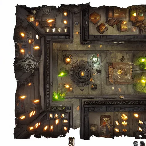 Prompt: D&D tabletop game map of tavern interior from top down view, orc themed, dark, evil looking, very realistic, cinematic lighting, CGI render, trending on artstation