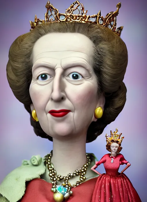 Prompt: closeup face profile portrait of tin toy margaret thatcher as a fairytale princess wearing a crown eating cakes, bikini, depth of field, zeiss lens, detailed, symmetrical, centered, fashion photoshoot, by nicoletta ceccoli, mark ryden, lostfish, breathtaking, 8 k resolution, extremely detailed, beautiful, establishing shot, artistic, hyperrealistic, octane render