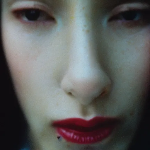 Prompt: Woman. Portrait. Extreme close up. Facial detail. CineStill