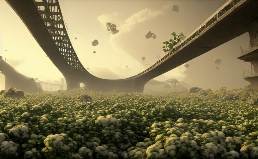 Image similar to a big bridge destroyed by enormous cotton plants, 3 d octane render, epic lighting, 8 k, by goro fujita