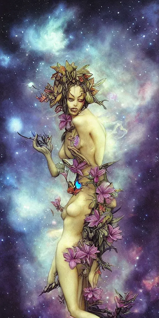 Image similar to tropical flowers, night sky background, nebula, beautiful! coherent! by brom, by brian froud, deep color, strong line, high contrast