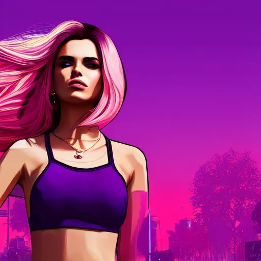 Image similar to a stunning GTA V loading screen with a beautiful woman with ombre hairstyle in purple and pink blowing in the wind, city streets, golden ratio, digital art, trending on artstation