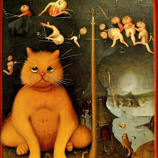 Image similar to garfield in the style of hieronymus bosch.