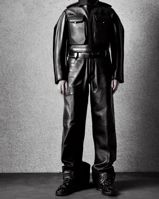 Prompt: an award - winning editorial photo of an irradecent extremely baggy cropped short ancient medieval designer menswear leather police jacket with an oversized collar and baggy bootcut trousers designed by alexander mcqueen, 4 k, studio lighting, wide angle lens