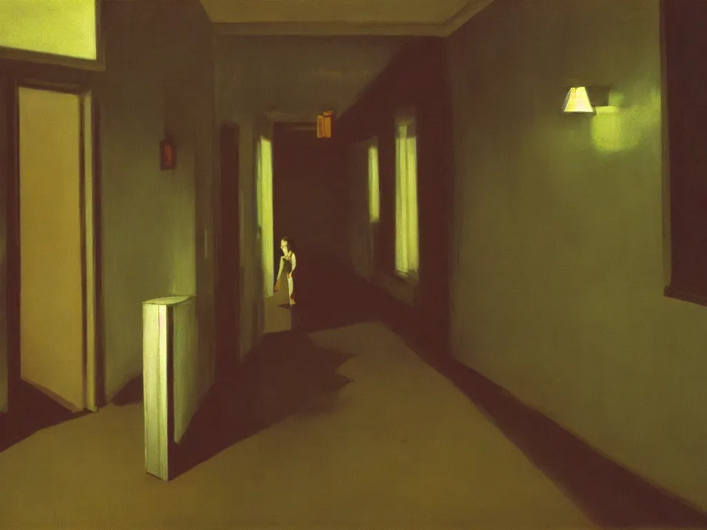 Image similar to the shinning hotel hallway, 70s, americana, dim, dark, lone scary silhouette in the distance, ultra view angle view, realistic detailed painting by edward hopper