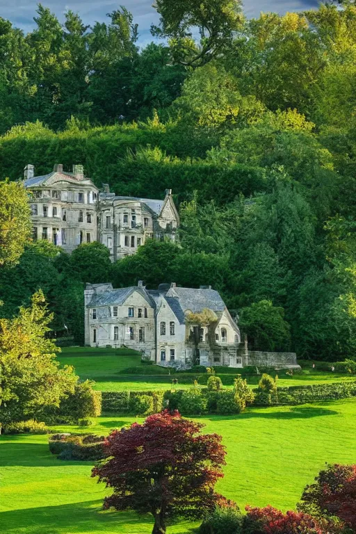 Image similar to movie screenshot wide-shot landscape with big stone edwardian house in the garden, apple trees, beautiful ambiance, golden hour, sharp focus, highly detailed,