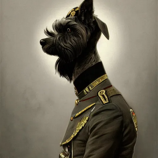 Image similar to portrait of stoic looking miniature schnauzer, military uniform, black fir, white eyebrows, fantasy, intricate, elegant, highly detailed, centered, dark, smokey, charcoal painting, digital painting, artstation, concept art, smooth, sharp focus, illustration, art by alphonse mucha