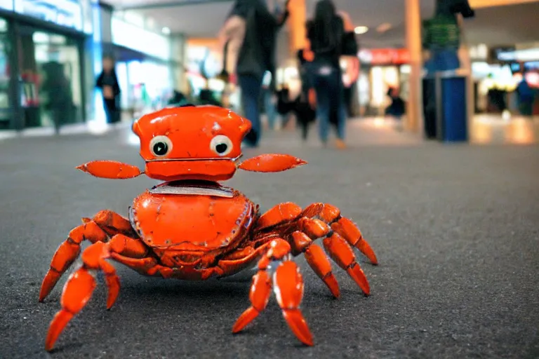 Image similar to a cute crab robot, in 2 0 0 2, at a mall, street style, royalcore, low - light photograph, photography by tyler mitchell