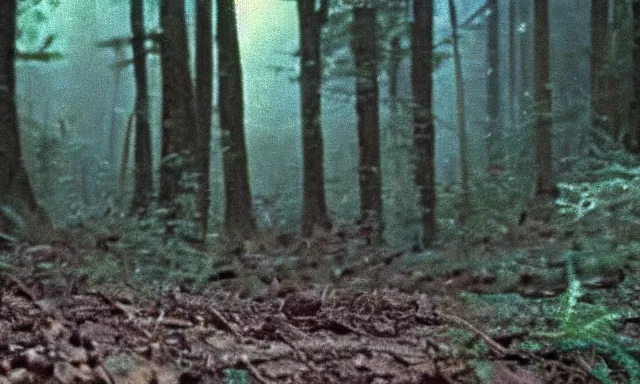 Image similar to creature far away looking at camera in forest at night, colorized 70s photo, out of focus, motion blur, cctv footage, horror movie, horror lighting, blair witch project, old photo