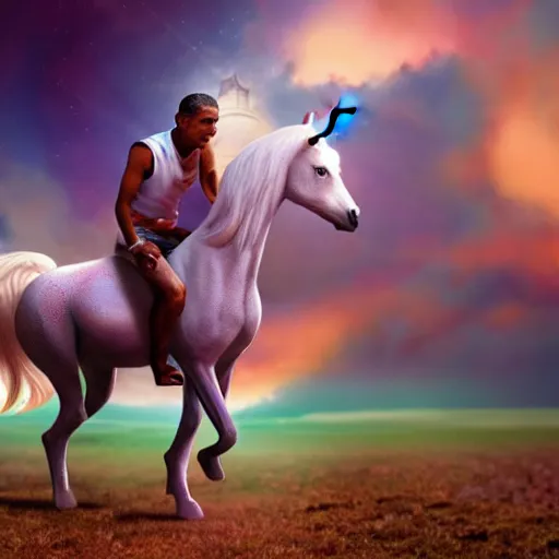 Image similar to film still of obama riding on a unicorn, movie still, 4 k 8 k, realisitc