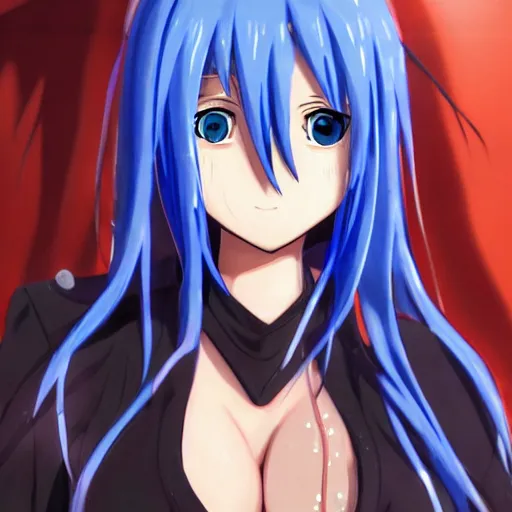 Image similar to full face shot of rimuru tempest from tensei shitara slime datta ken, tensura, that time i got reincarnated as a slime wearing a black jacket, high collar, ultra detailed, concept art, wlop artstation, closeup, pixiv, yoshitaka amano, andy warhol, ilya kuvshinov,