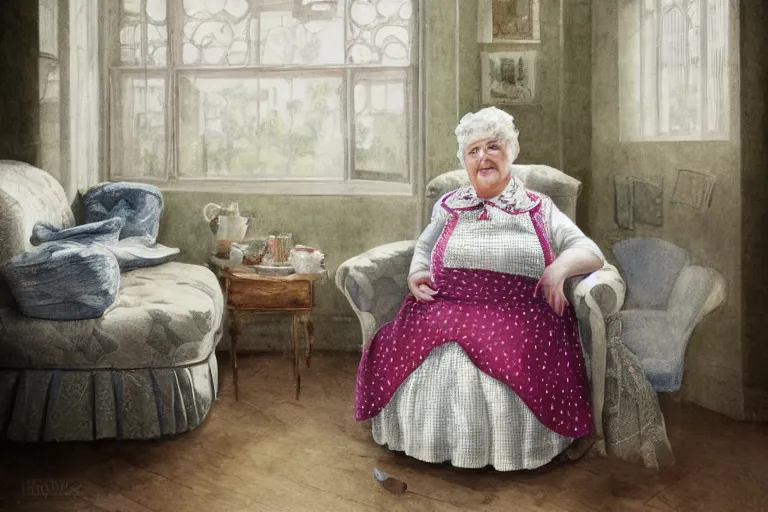 Prompt: charming and chubby old lady, wearing a polka dot cloths and a victorian - style hairdo, lye on the fancy sofa, in the large and bright studio. sunlight enters through the barred window. delicate watercolor and pencil on canvas. beautiful lighting, 4 k post - processing, highly detailed, 5 k extremely detailed, 3 d. cinematic scene.