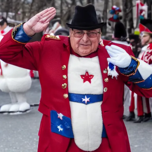 Image similar to a high quality photography of guy a lepage saluting the bonhomme carnaval