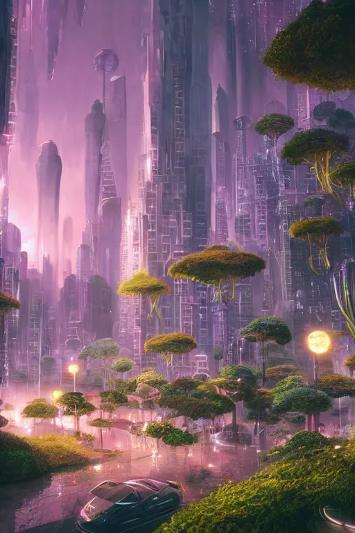 Image similar to extremely detailed awe stunning beautiful futuristic smooth organic city at night, translucent orbs, hyper real, lush flowery greenery, 8k, colorful, 3D cinematic volumetric light, atmospheric light, studio ghibli inspired, fantasy LUT, high contrast, epic composition, sci-fi, dreamlike, surreal, angelic, by Moebius,