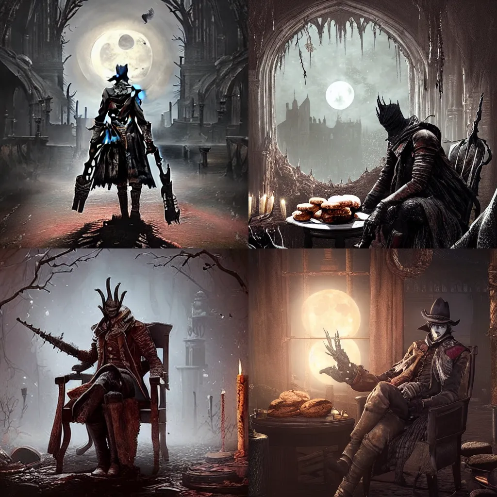 Prompt: grinning bloodborne hunter relaxing in a cozy yharnam coffee shop, surrounded by bread, cookies, and pastry, moonlight streaming through the window, faint dust in the air