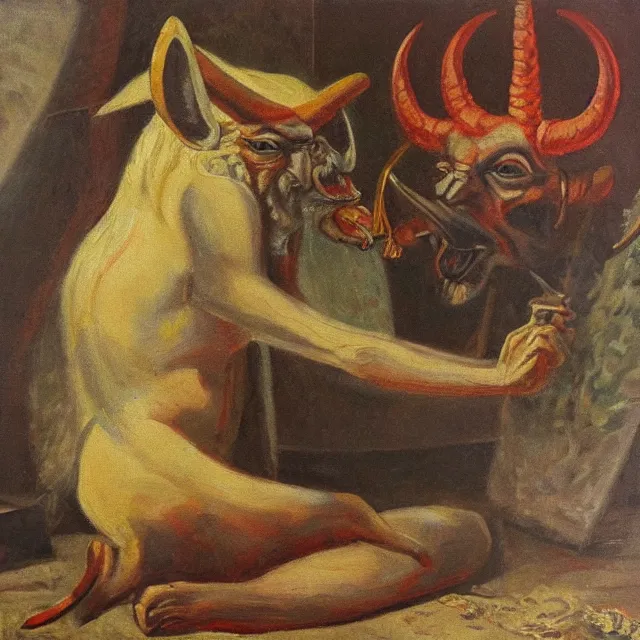 Image similar to baphomet sitting on the floor, vintage, oil painting