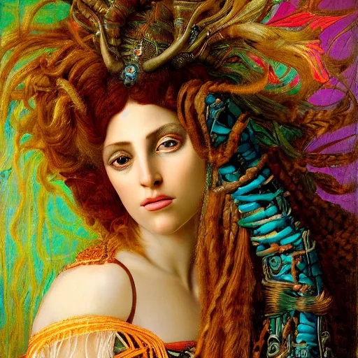 Prompt: intricate detail, hyper detail, gaston bussiere, sandro botticelli style photoshoot, lady gaga, artpop act ii album, with neon aqua rapunzel dreadlocks, detailed, masterpiece, sharp focus,