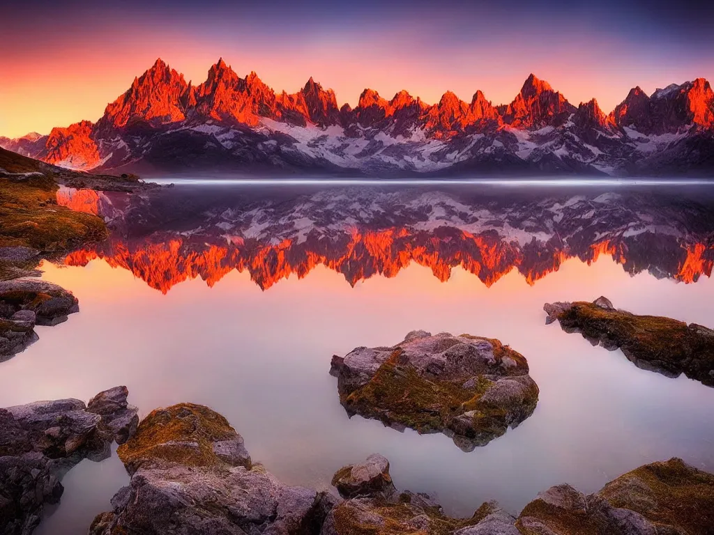 Image similar to amazing landscape photo of mountains with lake in sunset by marc adamus, beautiful dramatic lighting