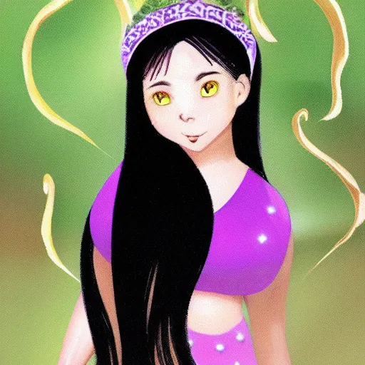 Image similar to zi di had a head of curvy black hair, and her pale skin glistened with sweat, giving her a delicate appearance. her features were defined, and she had a beautiful smile beyond the ordinary. she had a slim body. the most attractive part of her was her big, purple eyes, shining like clear amethyst.