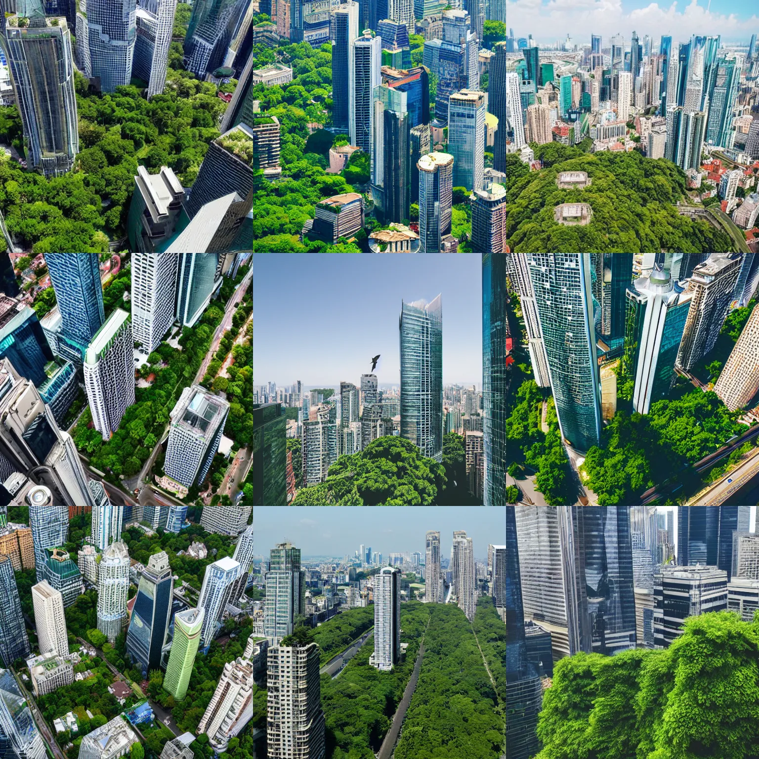 Prompt: wide angle, birds eye view, skyscrapers with greenery