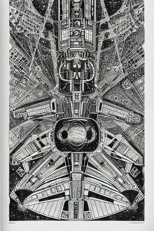 Prompt: a black and white drawing of an international space station, bioluminescence, a detailed mixed media collage by eduardo paolozzi and ernst haeckel, intricate linework, sketchbook psychedelic doodle comic drawing, geometric, deconstructivism, matte drawing, academic art, constructivism