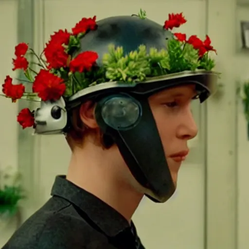 Prompt: movie still of a youth with a cyborg plants flowers helmet, cinematic composition, cinematic light, by edgar wright and david lynch