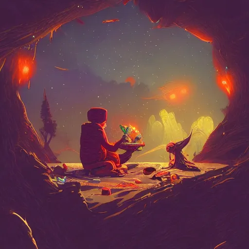 Prompt: interloper consuming food, no man's sky style, colorful, fantasy, intricate, highly detailed, digital painting, hq, trending on artstation, illustration, style of stanley artgerm and greg rutkowski and dan mumford