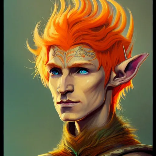 Image similar to portrait painting of an elven eladrin young man with short light orange hair and tribal tattoos in his cheekbones wearing fur armor, d & d, rpg, sharp focus, award - winning, trending on artstation, masterpiece, highly detailed, intricate. art by josan gonzales and moebius and deathburger