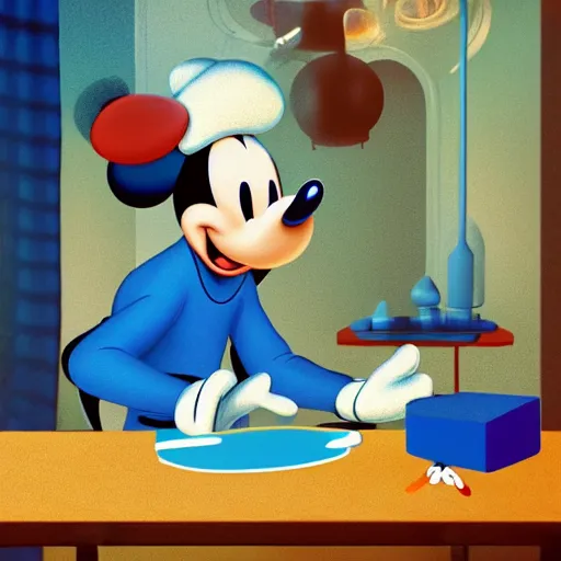 Image similar to mickey mouse with a blue hat on top of a table, a storybook illustration by walt disney, behance, magic realism, fantasy, mystical, reimagined by industrial light and magic