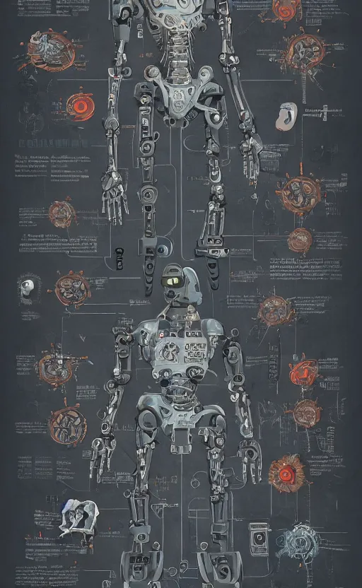 Image similar to anatomy of the terminator, robot, cyborg, t100, bloodborne diagrams, mystical, intricate ornamental tower floral flourishes, rule of thirds, technology meets fantasy, map, infographic, concept art, art station, style of wes anderson