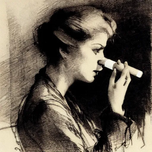 Prompt: anders zorn etching. damsel smoking a long cigarette. ink