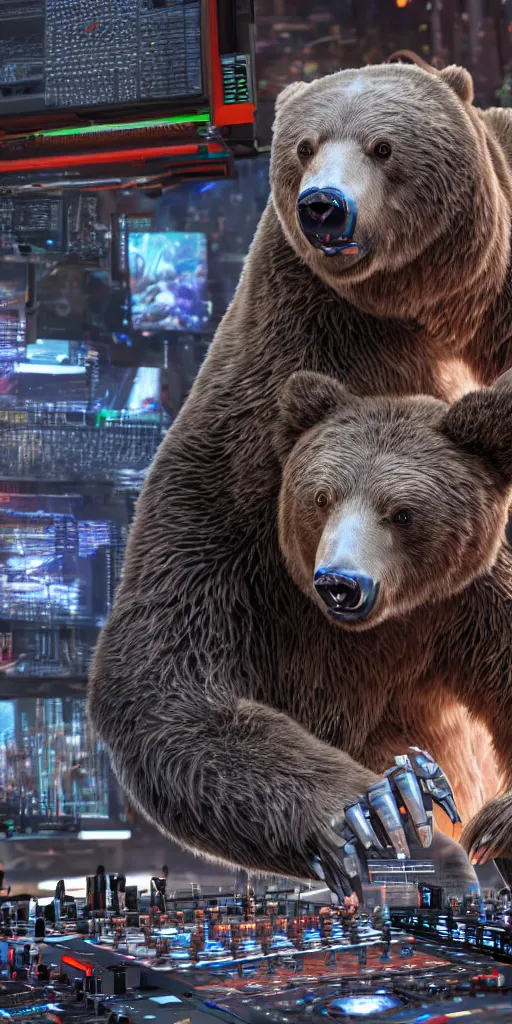 Image similar to a cyborg grizzly bear dj mixing records on stage, photorealistic, highly detailed, illustration, lifelike, highly detailed, intricate, octane render, sharp focus, cyberpunk