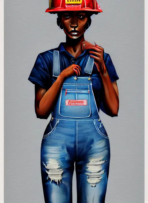 Image similar to full body portrait of young black woman as a firewoman, white t - shirt and blue denim overalls, firemans hat, intricate, beautiful and elegant, highly detailed, digital painting, artstation, concept art, smooth, sharp focus, illustration, art by wlop, mars ravelo and greg rutkowski