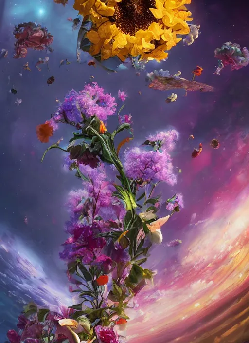 Prompt: An epic fantastic realism comic book style painting of the most beautiful flowers launched into space, bouquets, fisheye lens, unreal 5, DAZ, hyperrealistic, octane render, by Rachel Ruysch, dynamic lighting