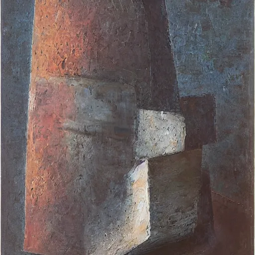 Prompt: a detailed impasto painting by shaun tan and walter battiss of an abstract forgotten sculpture by the caretaker and ivan seal